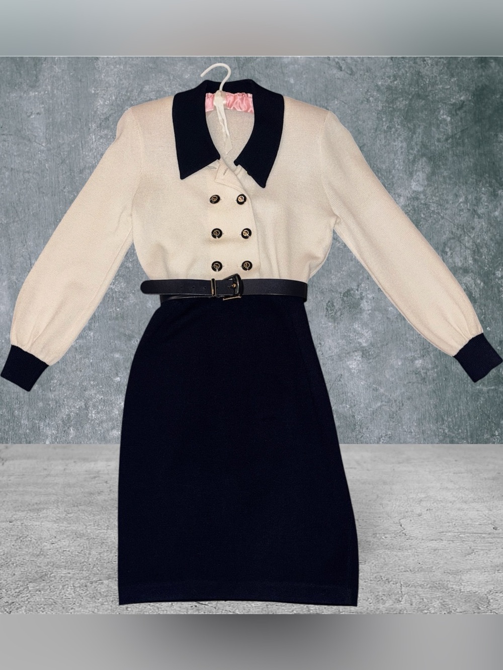 VTG St John by Marie Gray Double Breasted Knit Dress Colorblock Cream Navy Sz 4
